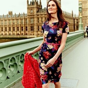 Boden Floral Sheath Silk Blend Roll Collar Dress Navy Size 8 Lined Office Career